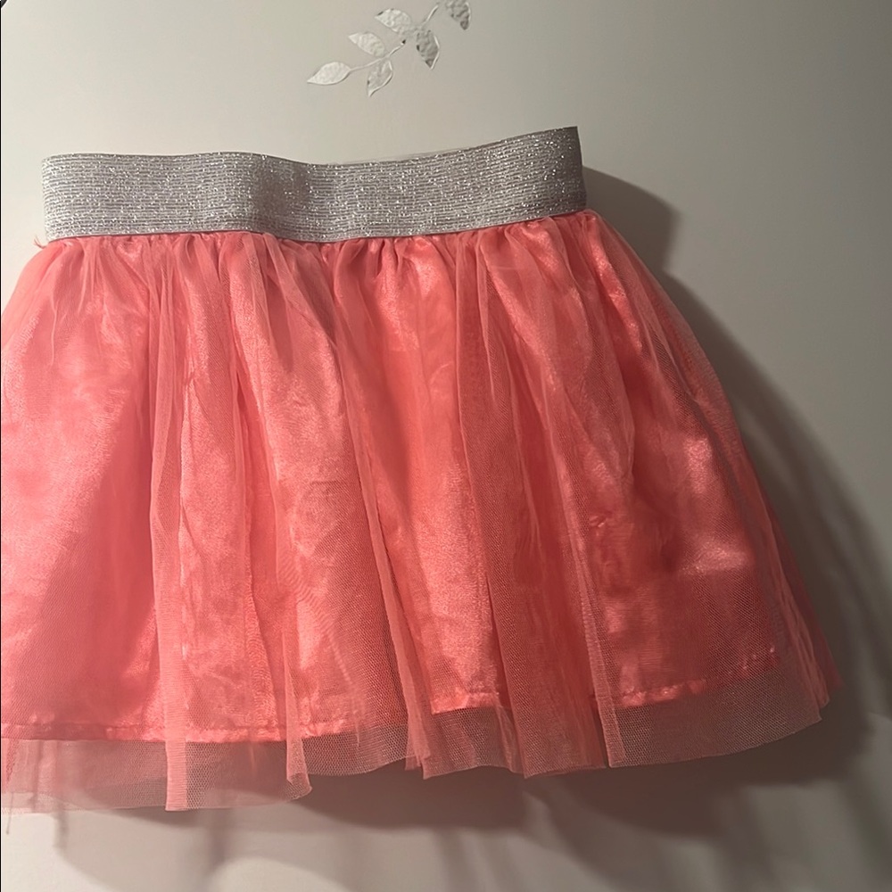 Pink Skirt with Ruffled Soft Mesh like Tule over Satin w/silver elastic belt